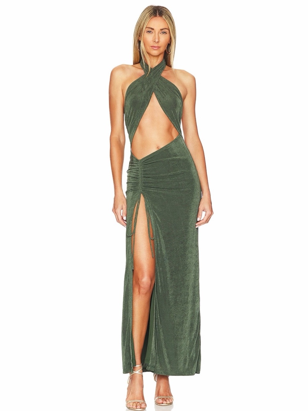SUPERDOWN - Adele Olive Green Twist Halter Cutout Maxi Dress